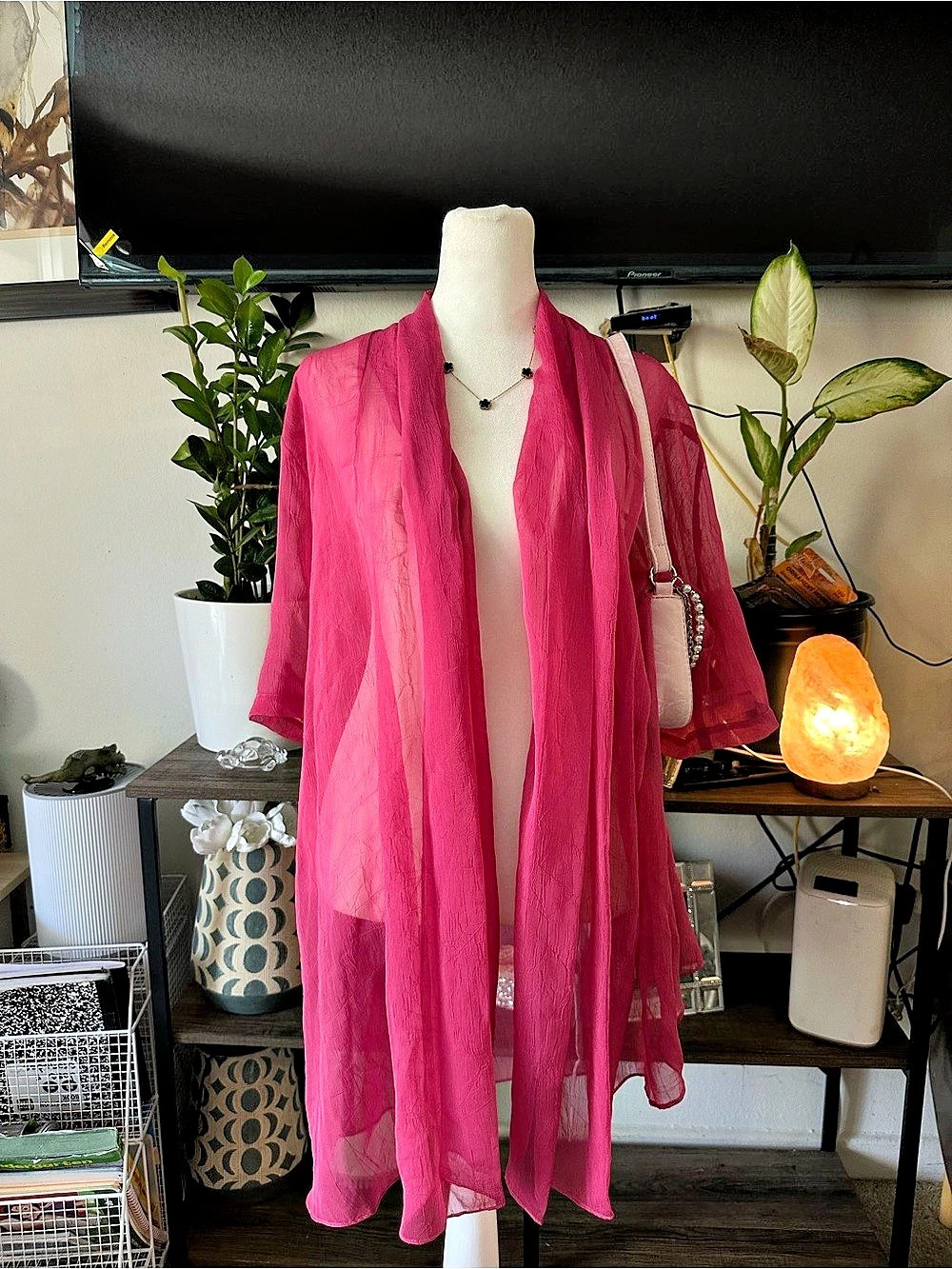 Babak Fuchsia Sheer Open Front Duster Jacket Kimono Cover Up One Size